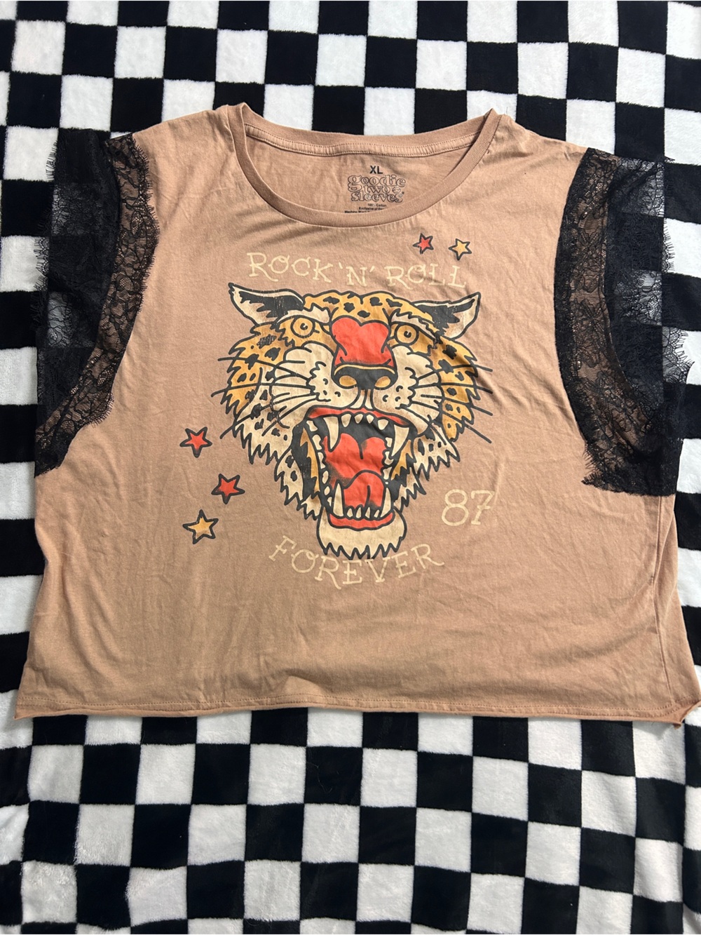 Rock 'n' Roll Leopard Graphic Tee with Lace Sleeves - Peach